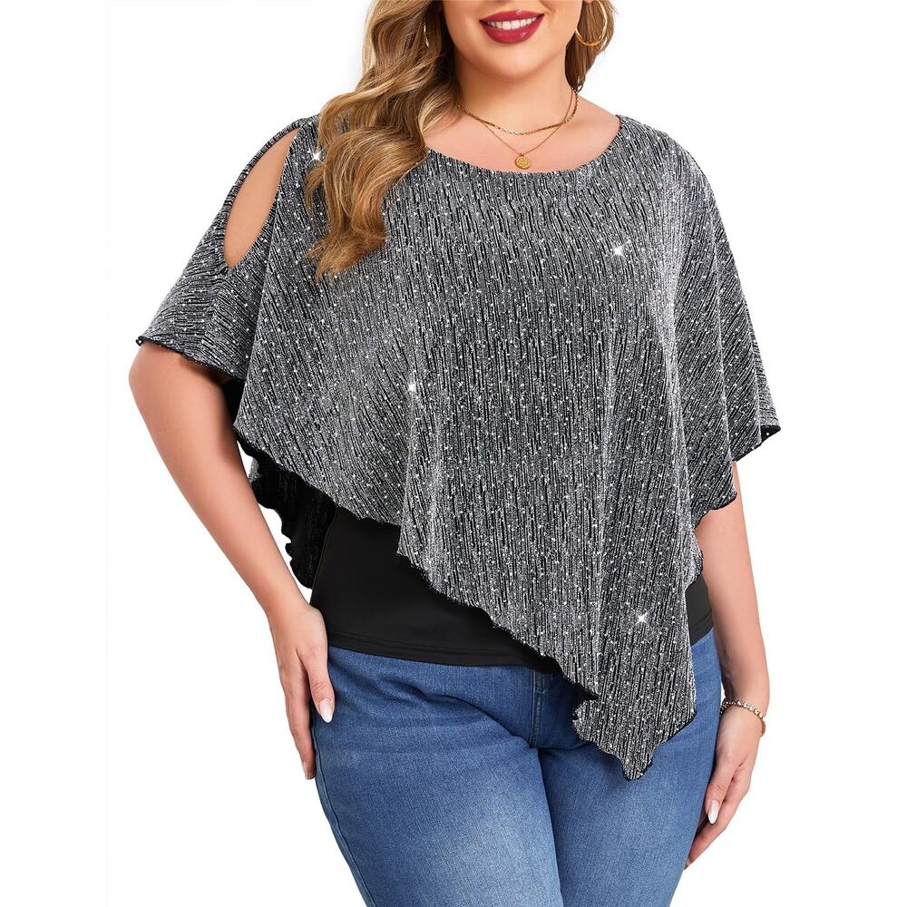 Womens Poncho Tunic Top Plus1X Silver Black Sparkle Cold Shoulder Asymmetrical